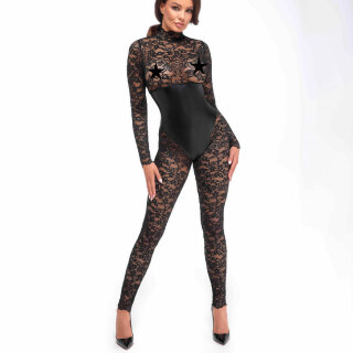 Noir Handmade Lace Catsuit with Wetlook Bodice F299