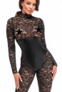 Noir Handmade Lace Catsuit with Wetlook Bodice F299