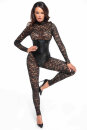 Noir Handmade Lace Catsuit with Wetlook Bodice F299