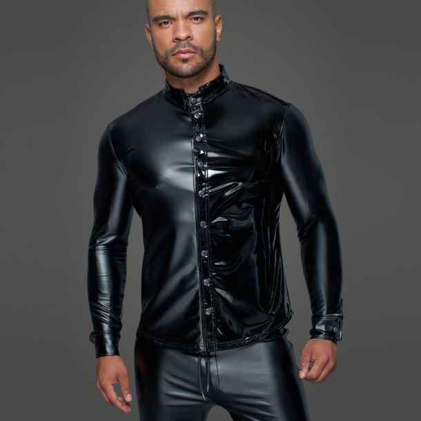 Power Wet Look Male Shirt H064 - Black, Noir Handmade